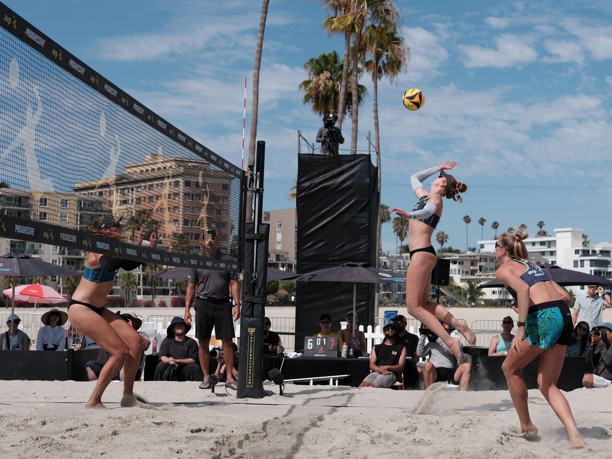 Miami Mayhem's Kelly Cheng jumps to strike the ball during a match between Miami Mayhem and Dallas Dream at the AVP Long Beach on Saturday, July 11, at Alamitos Beach, Long Beach Calif, Miami Mayhem's Kelly Cheng jumps to strike the ball during a match between Miami Mayhem and Dallas Dream at the AVP Long Beach on Saturday, July 11, at Alamitos Beach, Long Beach Calif,