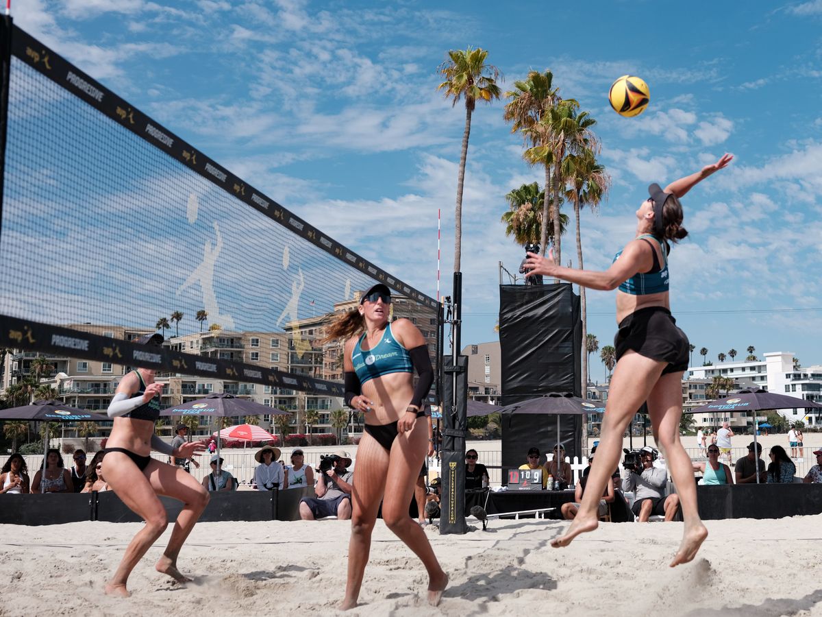 Dallas Dream's Betsi Flint jumps for a spike during a match between Miami Mayhem and Dallas Dream at the AVP Long Beach on Saturday, July 11, at Alamitos Beach, Long Beach Calif, Dallas Dream's Betsi Flint jumps for a spike during a match between Miami Mayhem and Dallas Dream at the AVP Long Beach on Saturday, July 11, at Alamitos Beach, Long Beach Calif,