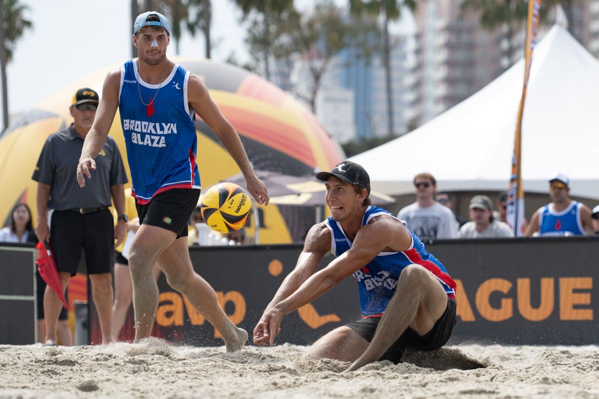Brooklyn Blaze's Derek Bradford gets down to return a serve during a match between the LA Launch and Brooklin Blaze at AVP Long Beach on Saturday, July 12, 2026 at Alamitos Beach in Long Beach Calif Brooklyn Blaze's Derek Bradford gets down to return a serve during a match between the LA Launch and Brooklin Blaze at AVP Long Beach on Saturday, July 12, 2026 at Alamitos Beach in Long Beach Calif
