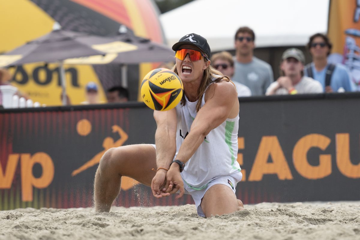 LA Launch's Hagen Smith recieves a serve during a match between the LA Launch and Brooklin Blaze at AVP Long Beach on Saturday, July 12, 2026 at Alamitos Beach in Long Beach Calif LA Launch's Hagen Smith recieves a serve during a match between the LA Launch and Brooklin Blaze at AVP Long Beach on Saturday, July 12, 2026 at Alamitos Beach in Long Beach Calif