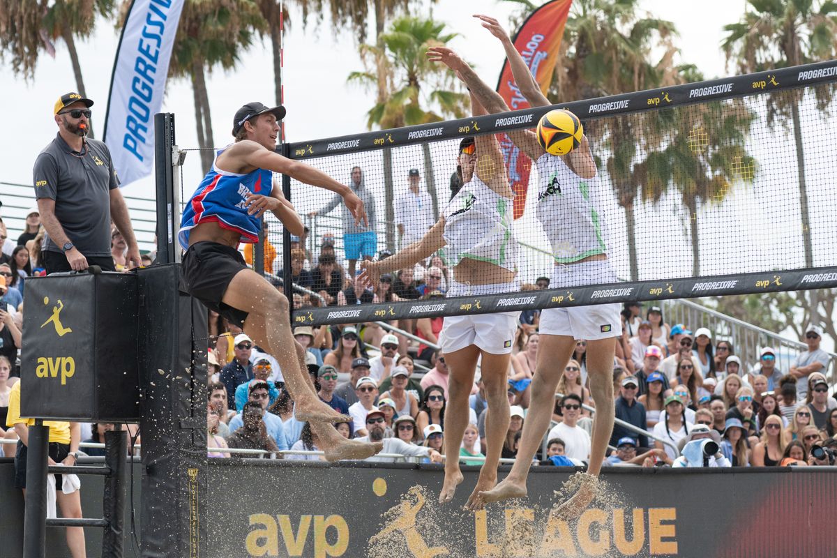 LA Launch's Hagen Smith and Logan Webber jump for a double block during a match between the LA Launch and Brooklin Blaze at AVP Long Beach on Saturday, July 12, 2026 at Alamitos Beach in Long Beach Calif LA Launch's Hagen Smith and Logan Webber jump for a double block during a match between the LA Launch and Brooklin Blaze at AVP Long Beach on Saturday, July 12, 2026 at Alamitos Beach in Long Beach Calif