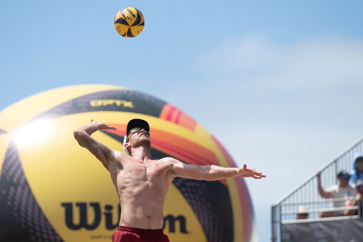 Paul Lotman makes a jump serve during the 2026 Manhattan Beach Open on Sunday, August 16, 2026 at Manhattan Beach Pier. Paul Lotman makes a jump serve during the 2026 Manhattan Beach Open on Sunday, August 16, 2026 at Manhattan Beach Pier.