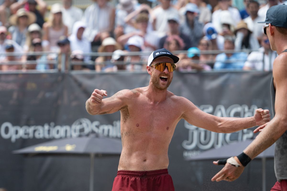Paul Lotman celebrates after winning a point during the 2026 Manhattan Beach Open on Sunday, August 16, 2026 at Manhattan Beach Pier. Paul Lotman celebrates after winning a point during the 2026 Manhattan Beach Open on Sunday, August 16, 2026 at Manhattan Beach Pier.