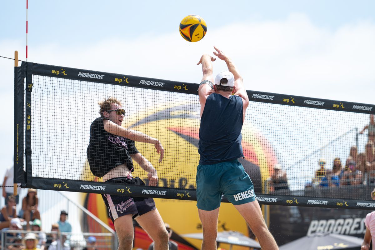 Gage Basey spikes the ball during the 2026 Manhattan Beach Open on Sunday, August 16, 2026 at Manhattan Beach Pier. Gage Basey spikes the ball during the 2026 Manhattan Beach Open on Sunday, August 16, 2026 at Manhattan Beach Pier.