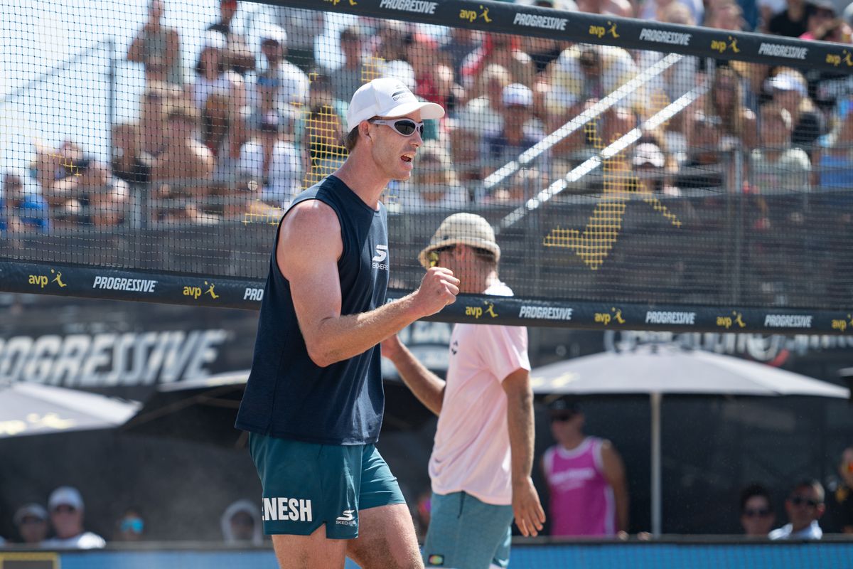 Andy Benesh pumps his fist after winning a point during the 2026 Manhattan Beach Open on Sunday, August 16, 2026 at Manhattan Beach Pier. Andy Benesh pumps his fist after winning a point during the 2026 Manhattan Beach Open on Sunday, August 16, 2026 at Manhattan Beach Pier.