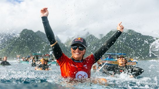 Erin Brooks of Canada after winning the Outerknown Tahiti Pro on August 13, 2026. Erin Brooks of Canada after winning the Outerknown Tahiti Pro on August 13, 2026.
