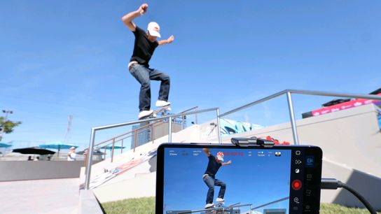 Jagger Eaton nose grinds a rail at the SLS DTLA Takeover on April 4, 2026