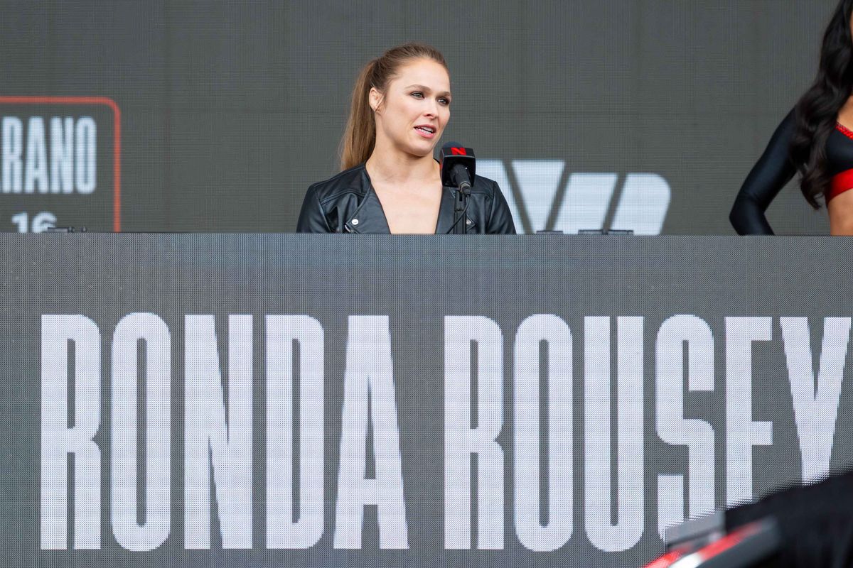MMA fighter Ronda Rousey speaks to media during a pre-fight press conference for a Netflix fight, Tuesday March 10, 2026 in Inglewood, Calif.