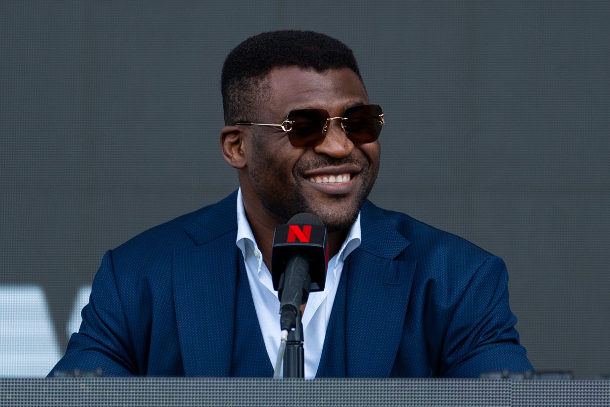 MMA fighter Francis Ngannou looks on during a pre-fight press conference for a Netflix fight, Tuesday March 10, 2026 in Inglewood, Calif.