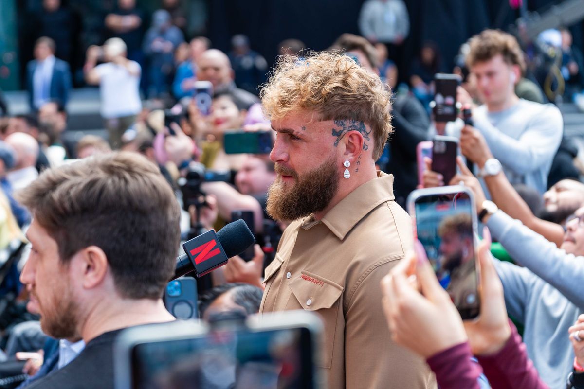 Most Valuable Promotions Co-Founder Jake Paul speaks to the fighters during a pre-fight press conference for a Netflix fight, Tuesday March 10, 2026 in Inglewood, Calif.