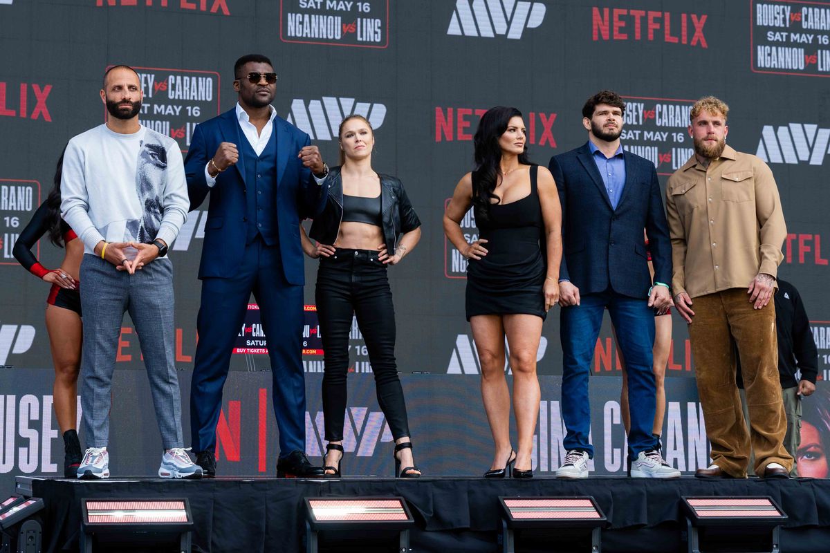 Fighters pose for media during a pre-fight press conference for a Netflix fight, Tuesday March 10, 2026 in Inglewood, Calif.