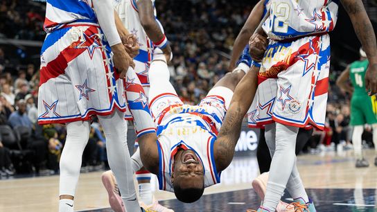 Harlem Globetrotters showman Thunder Law (23) gestures during a Harlem Globetrotters basketball game against The Washington Generals, Friday February 20, 2026 in Los Angeles.
