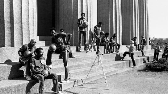 Members of the world-famous Harlem Globetrotters relax on the steps of the historic Parthenon at Centennial Park Nov. 8, 1978 during a break in filming for a segment of their ABC Wide World of Sports special to be aired in January.