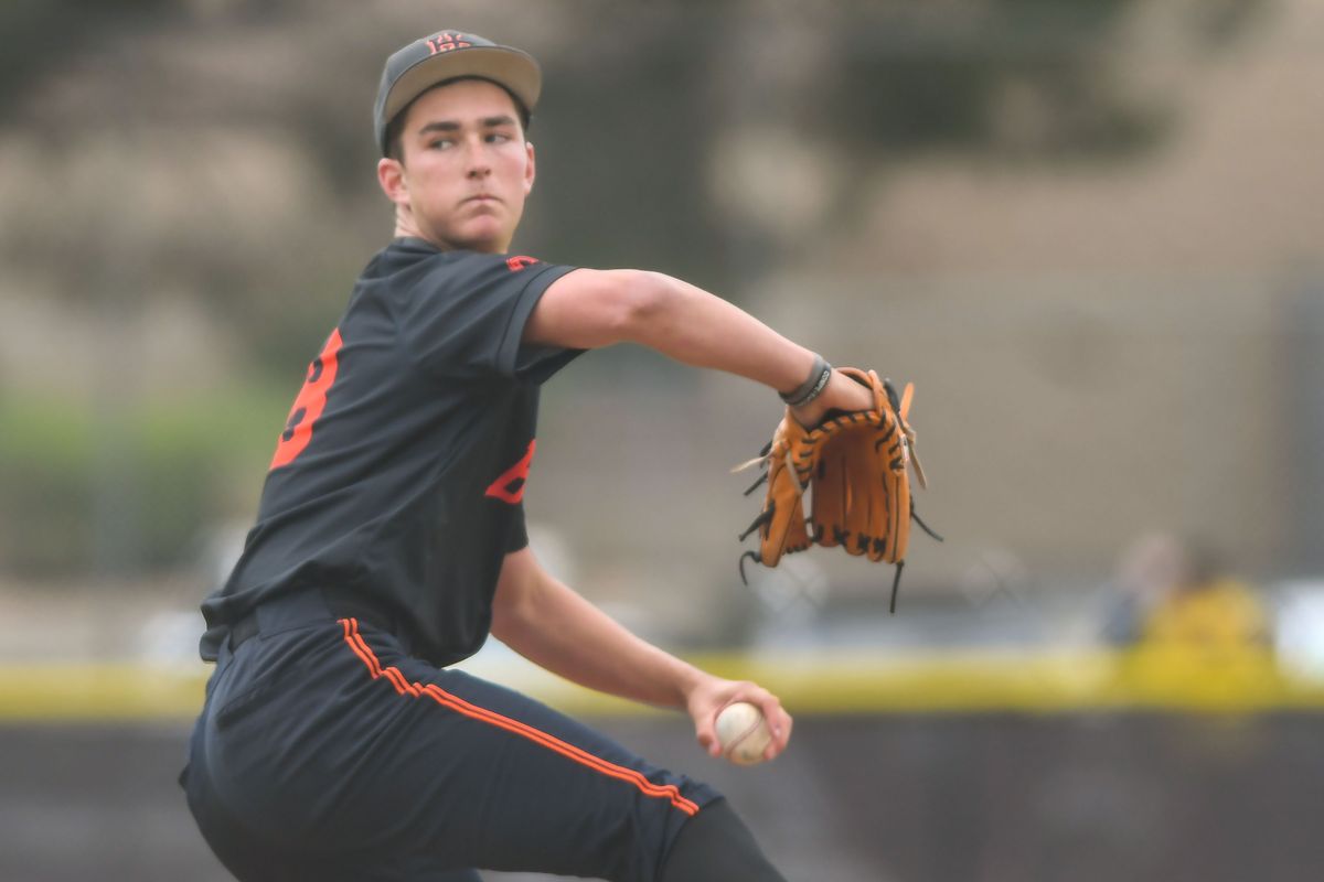 Huntington Beach Jared Grindlinger (28) delivers the pitch during an High School Baseball game against  Temecula Valley Tuesday May 12, 2026 in Temecula, California.