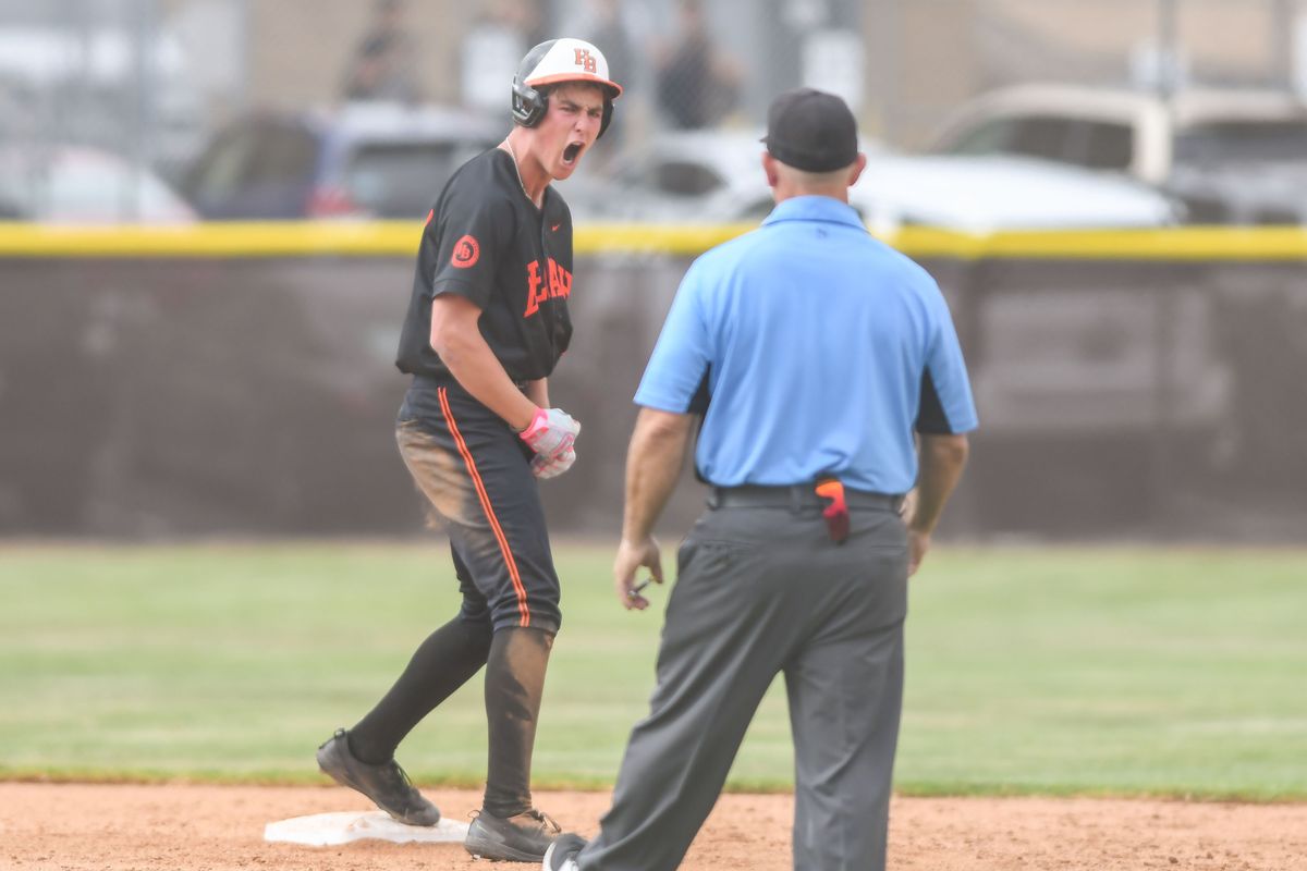 Huntington Beach Jared Grindlinger (28) reacts to hitting a double during an High School Baseball game against   Temecula Valley Tuesday May 12, 2026 in Temecula, California.