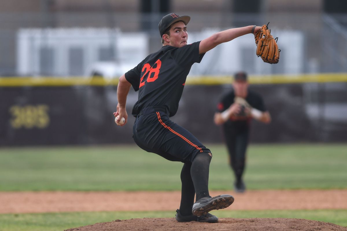 Huntington Beach Jared Grindlinger (28) delivers the pitch during an High School Baseball game against Temecula Valley  Tuesday May 12, 2026 in Temecula, California.