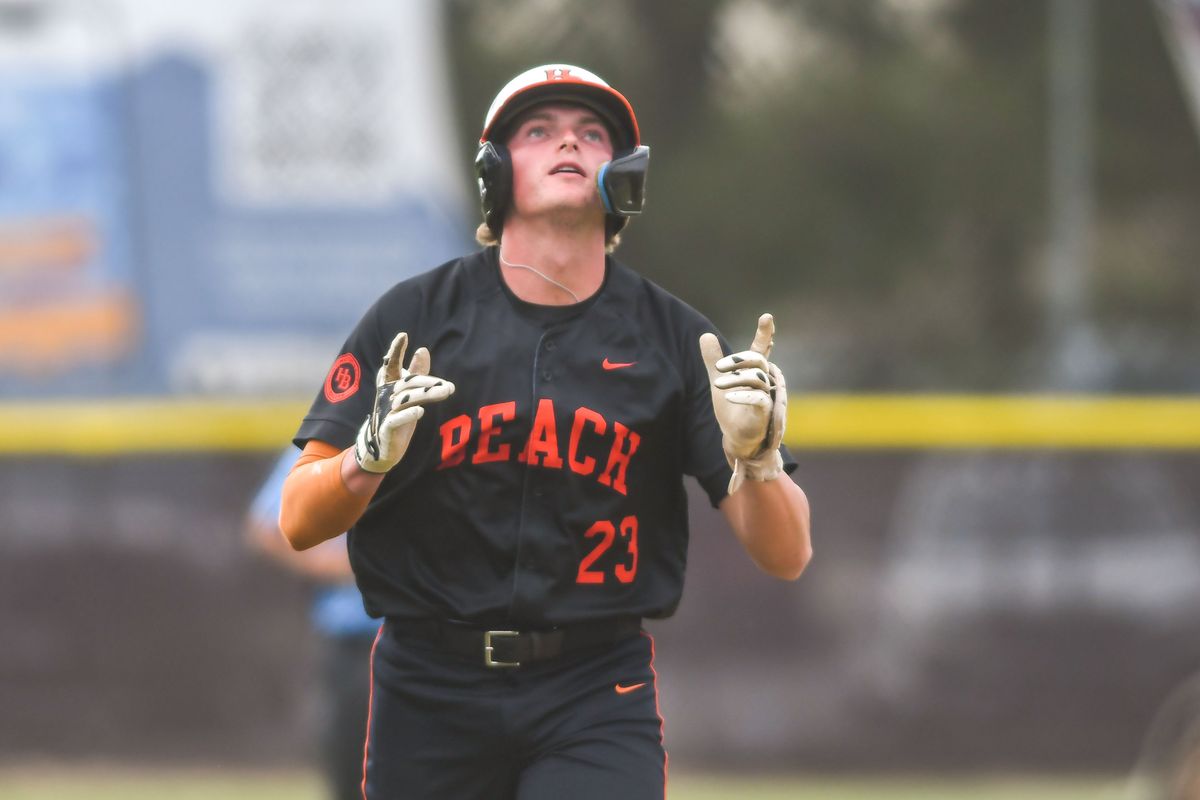 Huntington Beach Dane Cunningham (23) trots around the bases following hitting a homer during an High School Baseball game against   Temecula Valley Tuesday May 12, 2026 in Temecula, California.