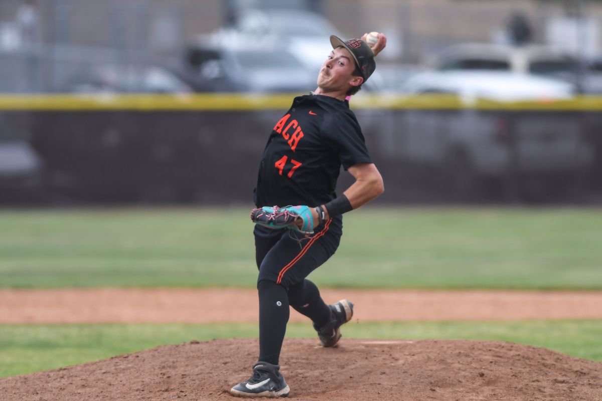 Huntington Beach Cayden Hammond (47) delivers the pitch during an High School Baseball game against   Temecula Valley Tuesday May 12, 2026 in Temecula, California.