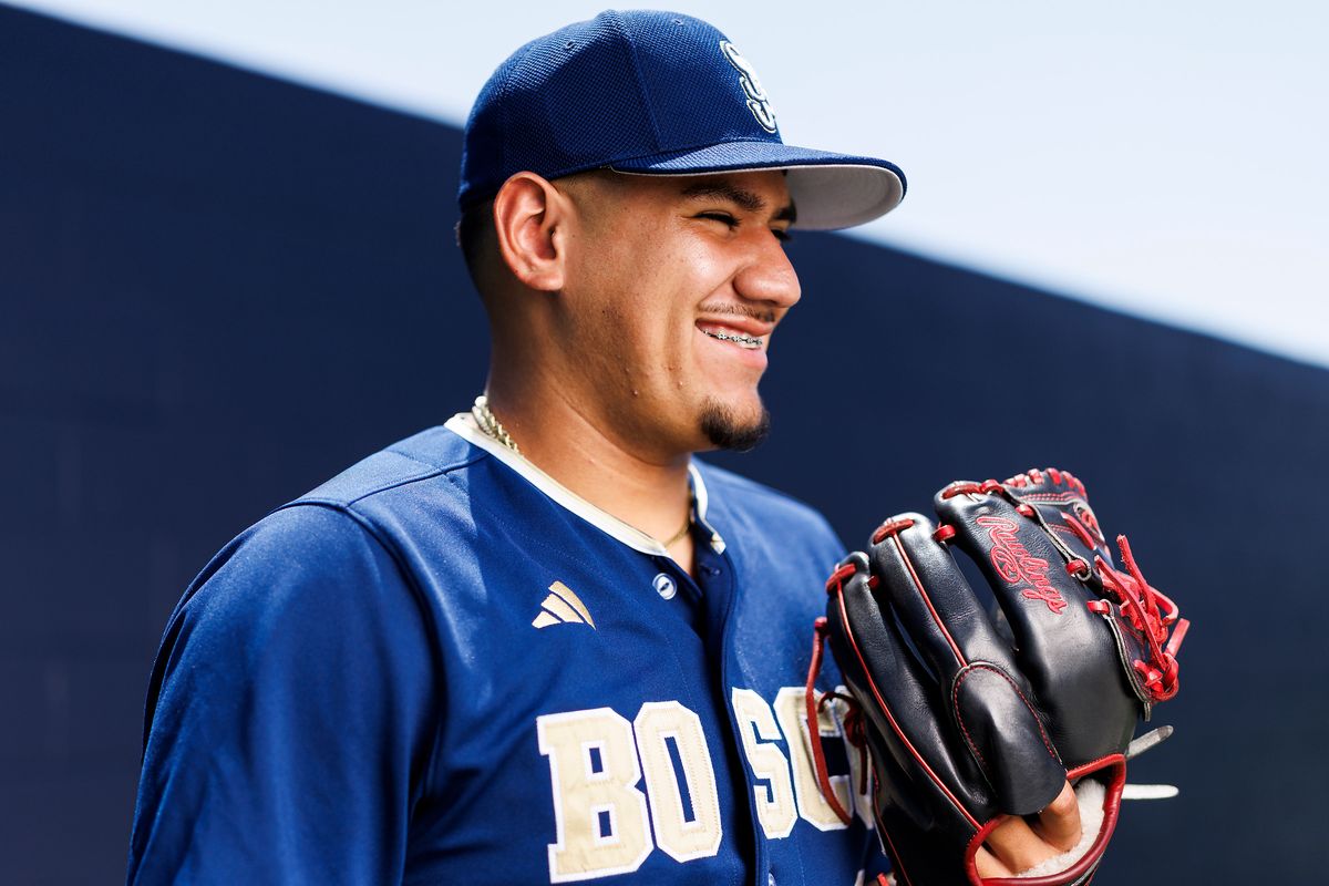 Julian Garcia #12 of St. John Bosco High School poses for a portrait at St. John Bosco High School on May 21, 2026 in Bellflower, California. 