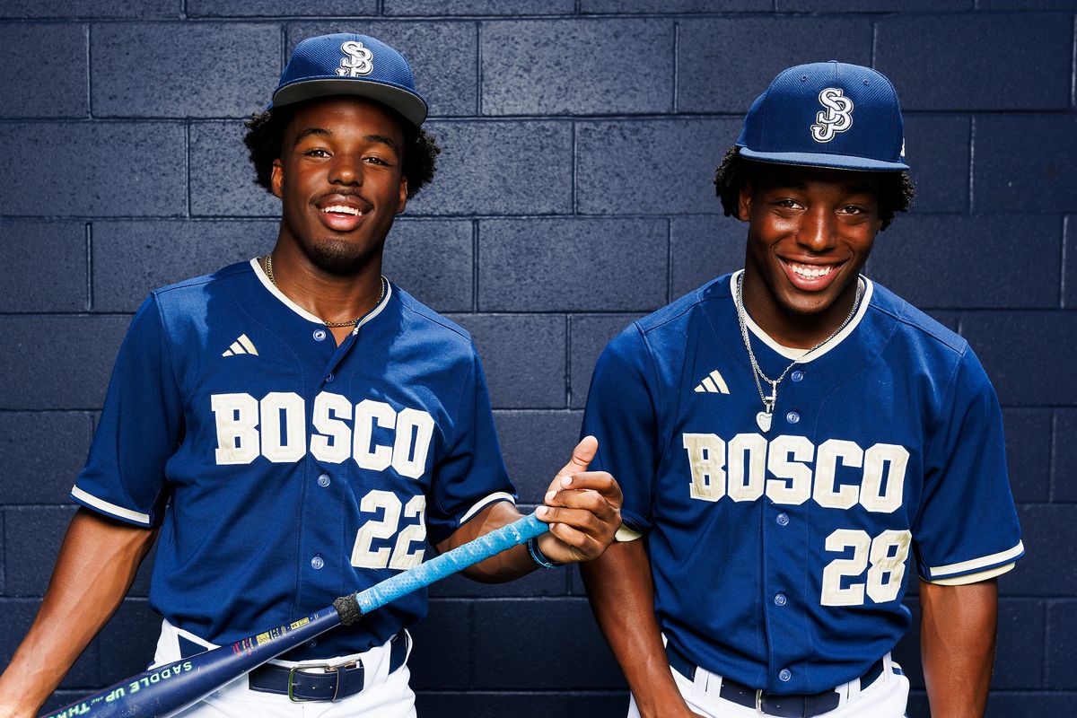 James Clark #22 and Miles Clark #28 of St. John Bosco High School poses for a portrait at St. John Bosco High School on May 21, 2026 in Bellflower, California.