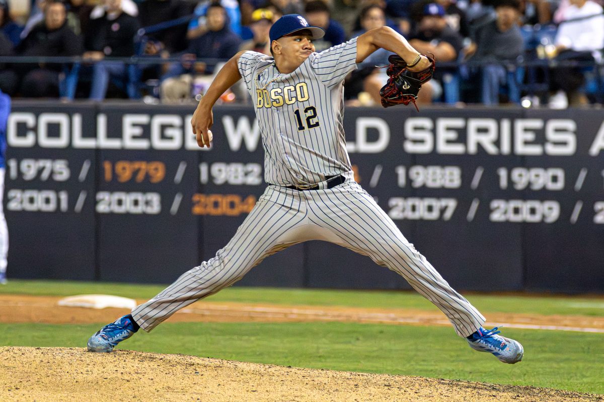 St. John Bosco High School Pitcher Julian Garcia #12 pitches during the CIF Championship game at Goodwin field on May 29, 2026 in Fullerton, California. St. John Bosco High School Pitcher Julian Garcia #12 pitches during the CIF Championship game at Goodwin field on May 29, 2026 in Fullerton, California.