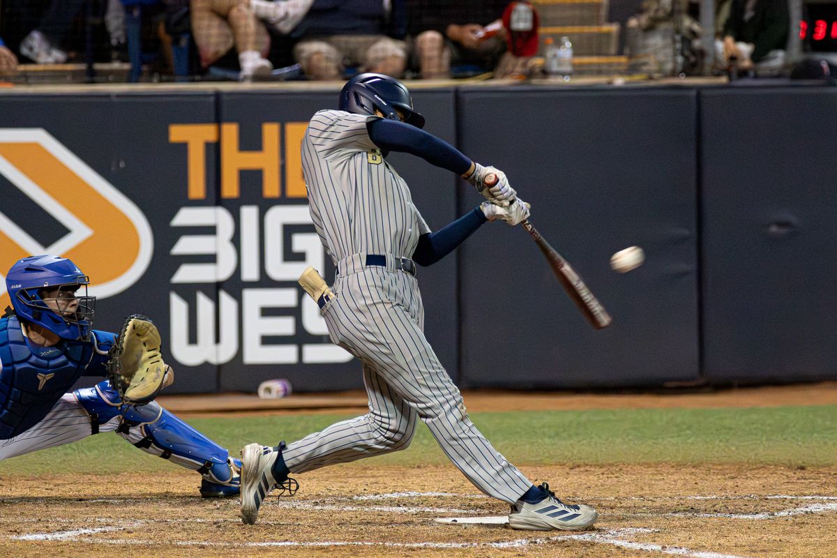 St. John Bosco High School Infielder Moises Razo barrels the ball during the CIF Championship game at Goodwin field on May 29, 2026 in Fullerton, California. St. John Bosco High School Infielder Moises Razo barrels the ball during the CIF Championship game at Goodwin field on May 29, 2026 in Fullerton, California.