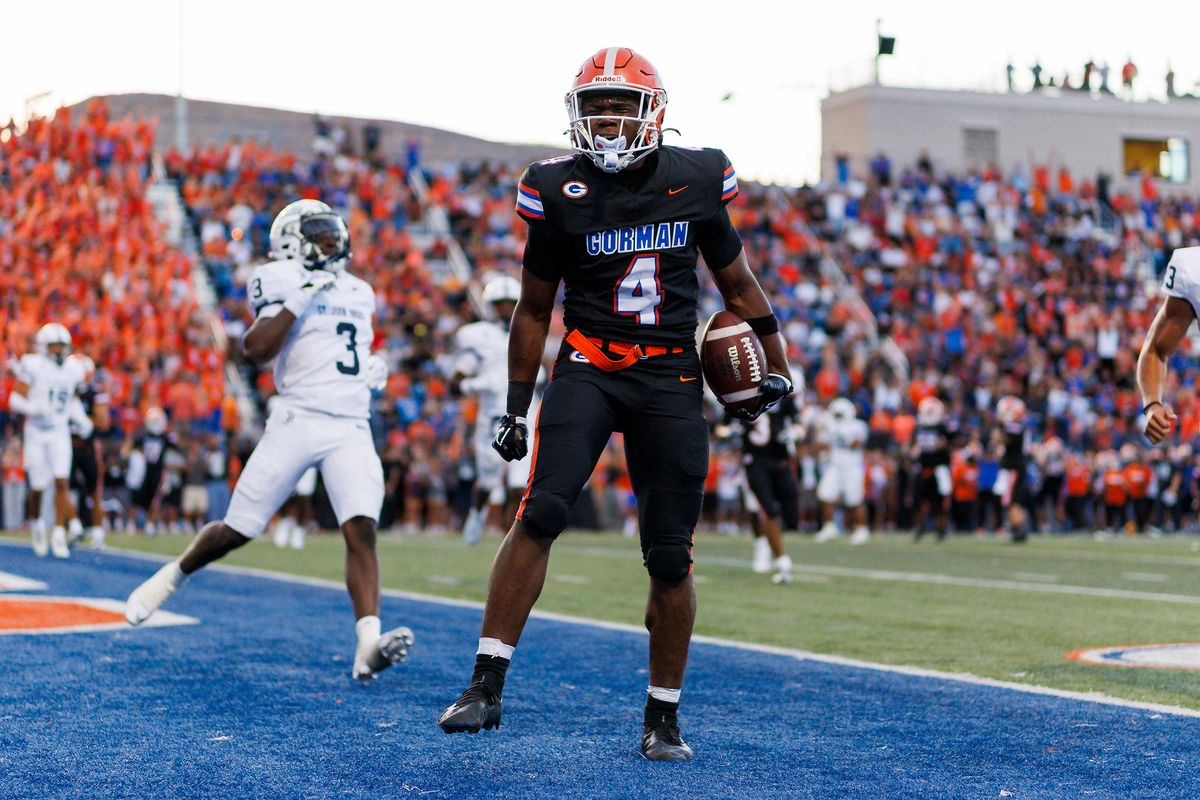 Noah Cole #4 of the Bishop Gorman Gaels celebrates his first quarter touchdown during the game against St. John Bosco High School at Fertitta Field on August 21, 2026 in Las Vegas, Nevada. Noah Cole #4 of the Bishop Gorman Gaels celebrates his first quarter touchdown during the game against St. John Bosco High School at Fertitta Field on August 21, 2026 in Las Vegas, Nevada.