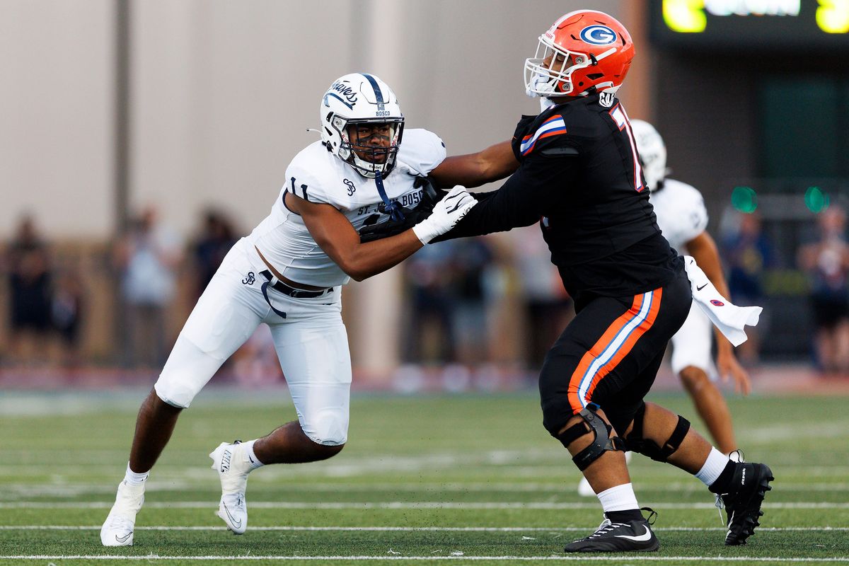 Elijah Tuua #11 of St. John Bosco High School rushes the edge during the game against Bishop Gorman High School at Fertitta Field on August 21, 2026 in Las Vegas, Nevada. Elijah Tuua #11 of St. John Bosco High School rushes the edge during the game against Bishop Gorman High School at Fertitta Field on August 21, 2026 in Las Vegas, Nevada.