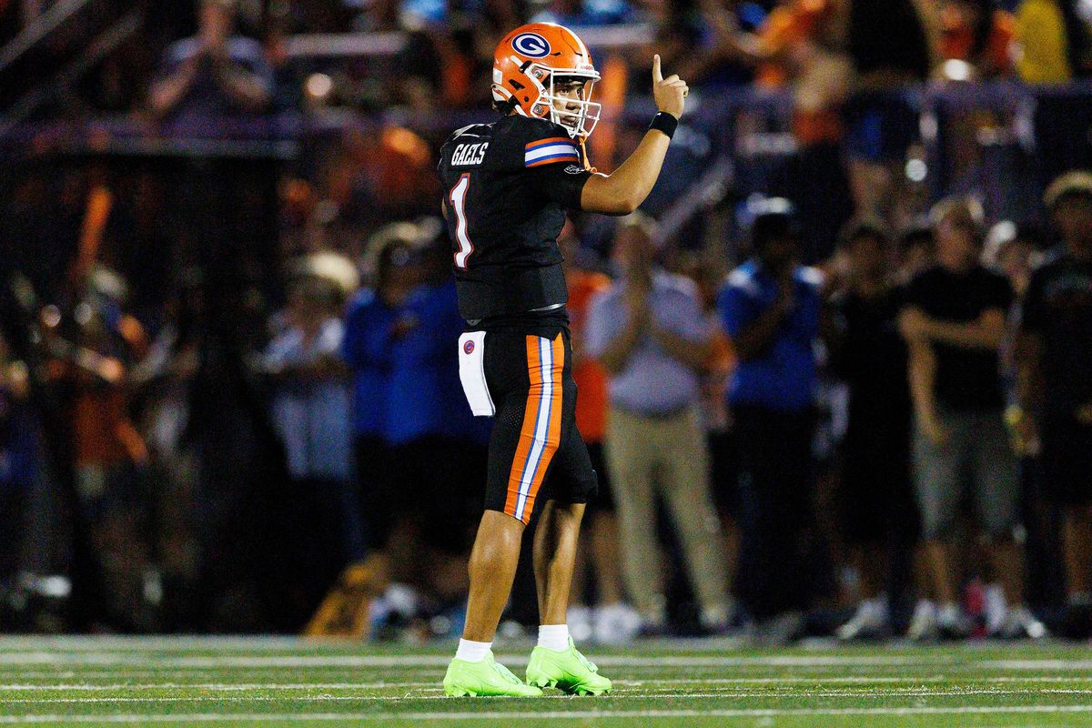 Ace Amina #1 of Bishop Gorman High School celebrates during the game against St. John Bosco High School at Fertitta Field on August 21, 2026 in Las Vegas, Nevada. Ace Amina #1 of Bishop Gorman High School celebrates during the game against St. John Bosco High School at Fertitta Field on August 21, 2026 in Las Vegas, Nevada.