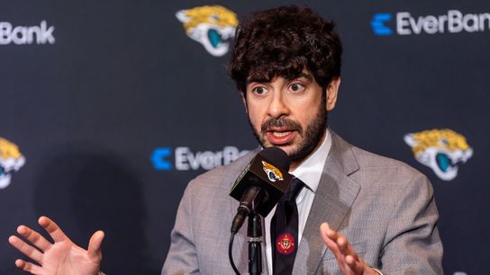 Tony Khan announces AEW x NFL collaboration at Super Bowl Radio Row taken in San Francisco  (AEW)