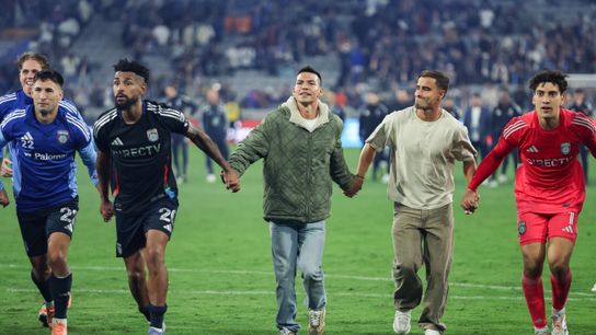 Oct 26, 2025; San Diego, California, USA; San Diego FC midfielder Hirving Lozano (11) celebrates with teammates after their win over the Portland Timbers at Snapdragon Stadium.
