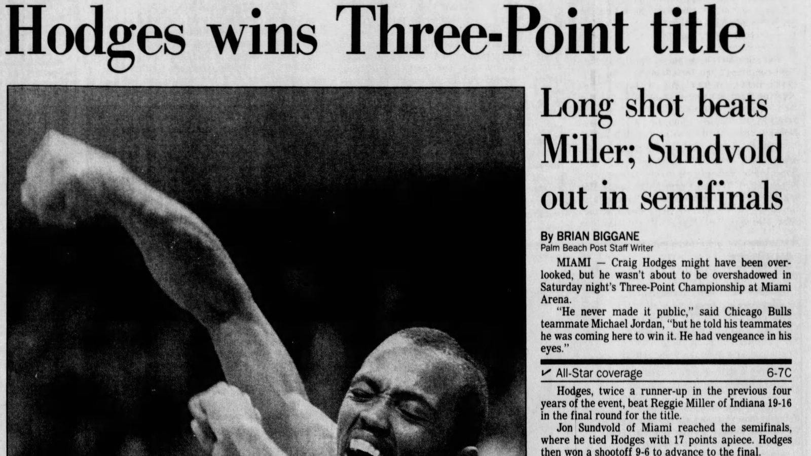 A clipping of the Palm Beach Post. Headlining a story about Craig Hodges.