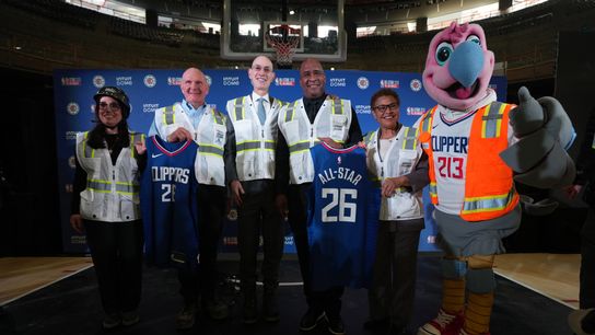 LA Clippers President of Business Operations Gillian Zucker, LA Clippers owner Steve Ballmer, NBA commissioner Adam Silver, Inglewood Mayor James Butts, Los Angeles Mayor Karen Bass, and LA Clippers mascot Chuck the Condor pose during a press conference to announce the Intuit Dome as the site of the 2026 NBA All-Star Game. LA Clippers President of Business Operations Gillian Zucker, LA Clippers owner Steve Ballmer, NBA commissioner Adam Silver, Inglewood Mayor James Butts, Los Angeles Mayor Karen Bass, and LA Clippers mascot Chuck the Condor pose during a press conference to announce the Intuit Dome as the site of the 2026 NBA All-Star Game.