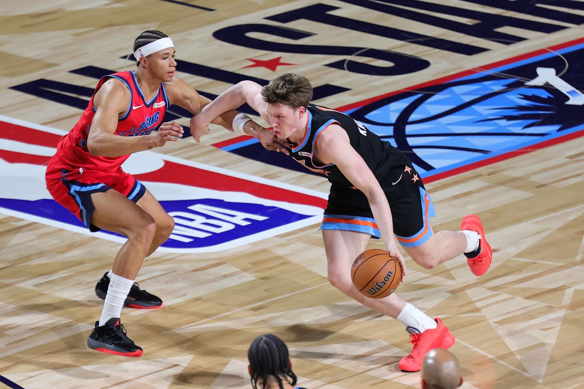 Charlotte Hornets guard Kon Knueppel (7) drives the lane during the NBA Rising Stars game on February 13, 2026 in Inglewood, CA.