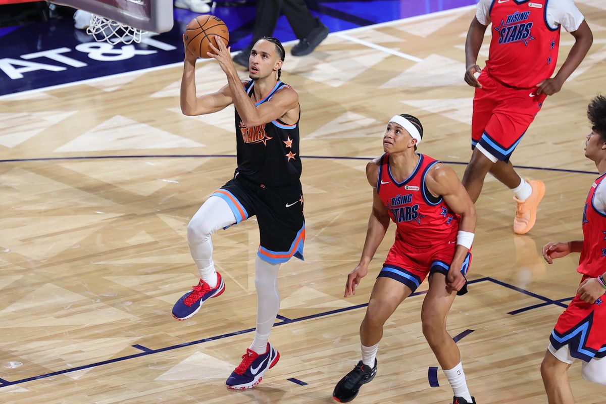 Atlanta Hawks forward Zaccharie Risacher (10) drives in for a lay up during the NBA Rising Stars game on February 13, 2026 in Inglewood, CA.