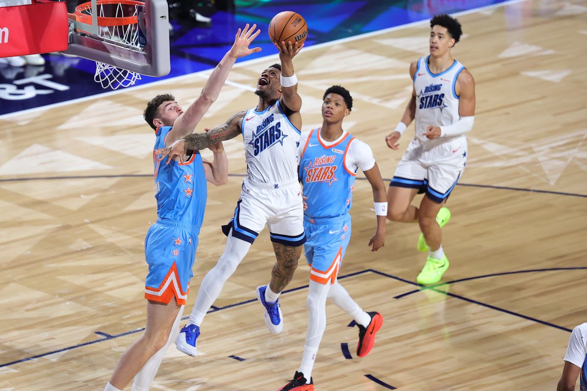 Raptors 905 guard Alijah Martin (55) attempts a lay up during the NBA Rising Stars game on February 13, 2026 in Inglewood, CA.