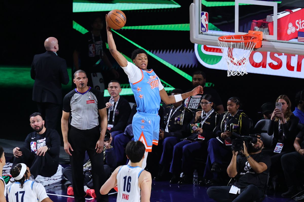 Utah Jazz guard Ace Bailey (19) catches the pass during the NBA Rising Stars game on February 13, 2026 in Inglewood, CA.