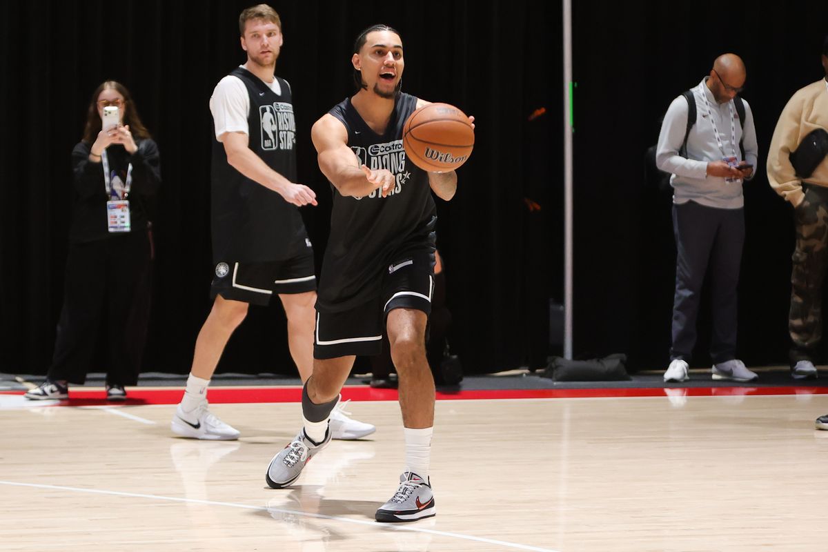 Atlanta Hawks forward Zaccharie Risacher (10) participates in drills during NBA Rising Stars practice on February 13, 2026 in Inglewood, CA.
