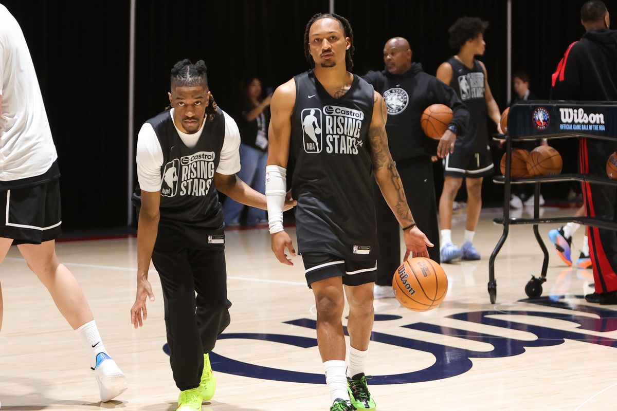 Sioux Falls Skyforce guard Jahmir Young (17) and South Bay Lakers guard Sean East II (55) participate in drills during NBA Rising Stars practice on February 13, 2026 in Inglewood, CA.