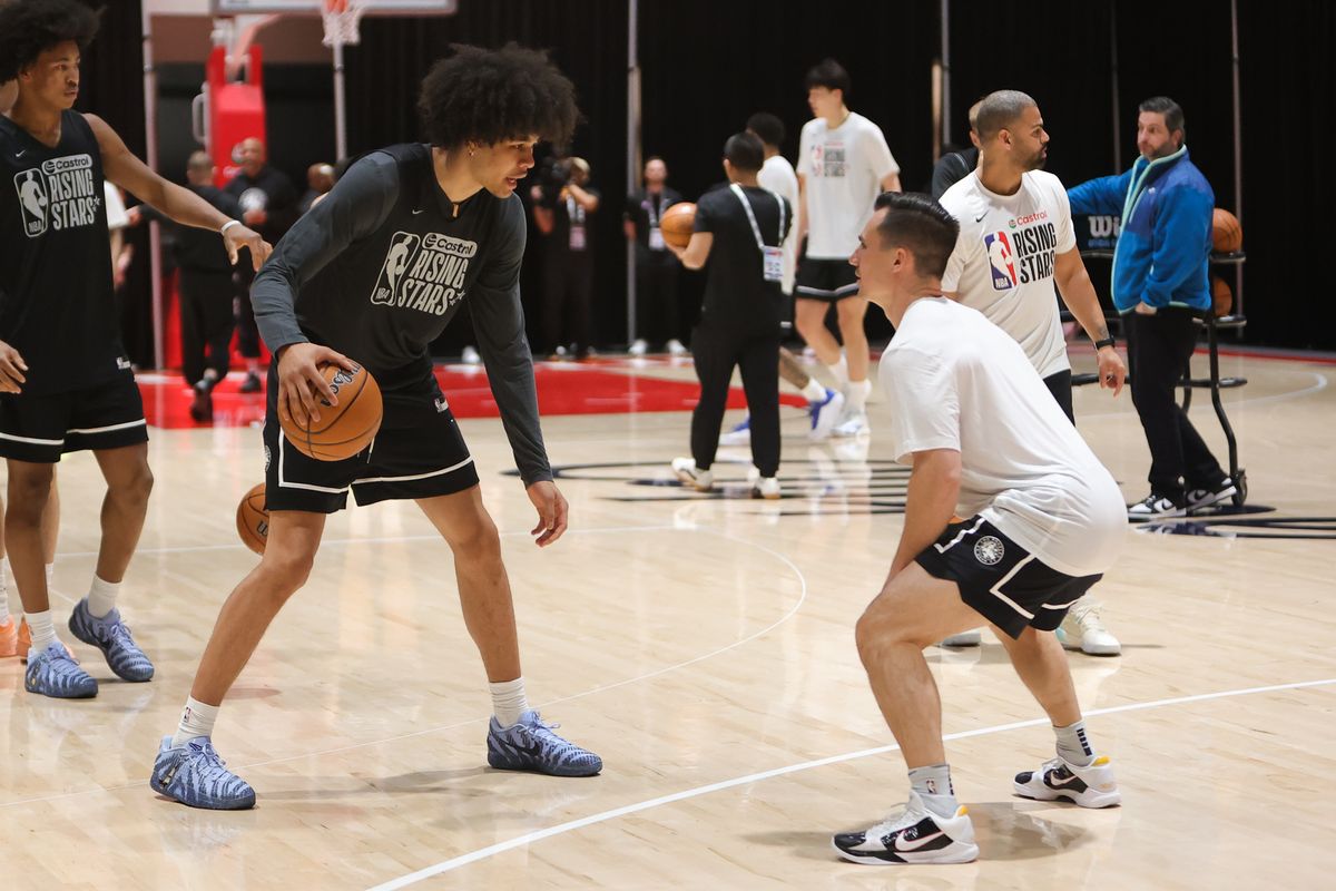 Washington Wizards forward Kyshawn George (18) participates in drills during NBA Rising Stars practice on February 13, 2026 in Inglewood, CA.