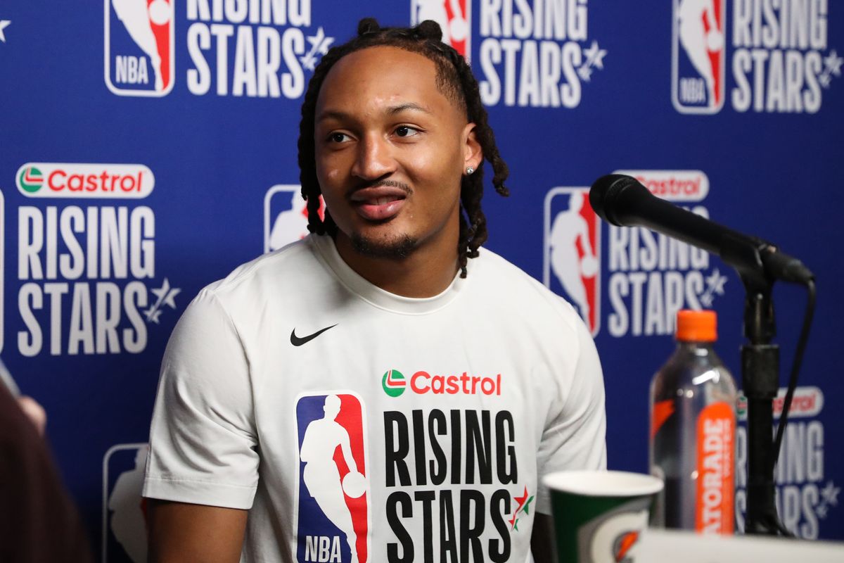 Sioux Falls Skyforce guard Jahmir Young (17) talks to reporters during NBA Rising Stars Media Day on February 13, 2026 in Inglewood, CA.