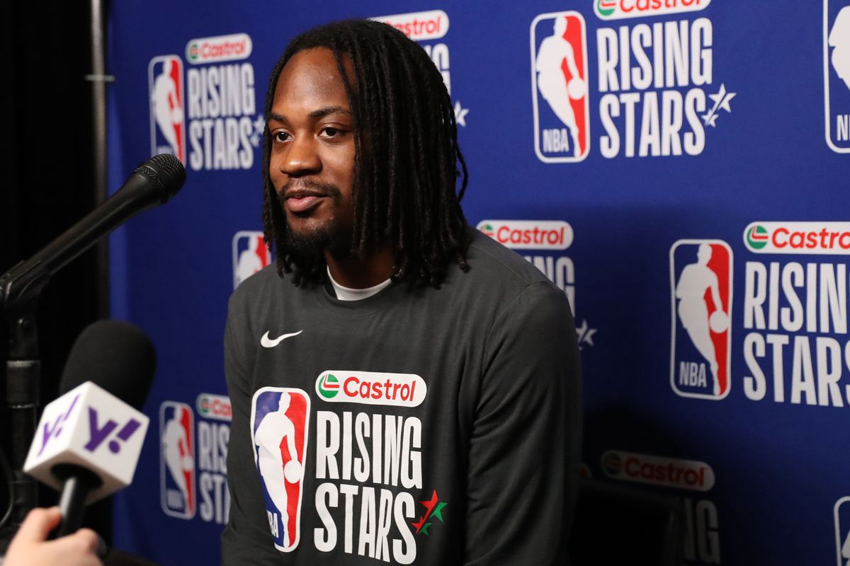 Rio Grande Valley Vipers Tristen Newton guard (13) talks to reporters during NBA Rising Stars Media Day on February 13, 2026 in Inglewood, CA.
