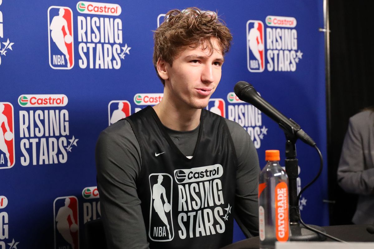 Chicago Bulls forward Matas Buzelis (14) talks to reporters during NBA Rising Stars Media Day on February 13, 2026 in Los Angeles, CA.