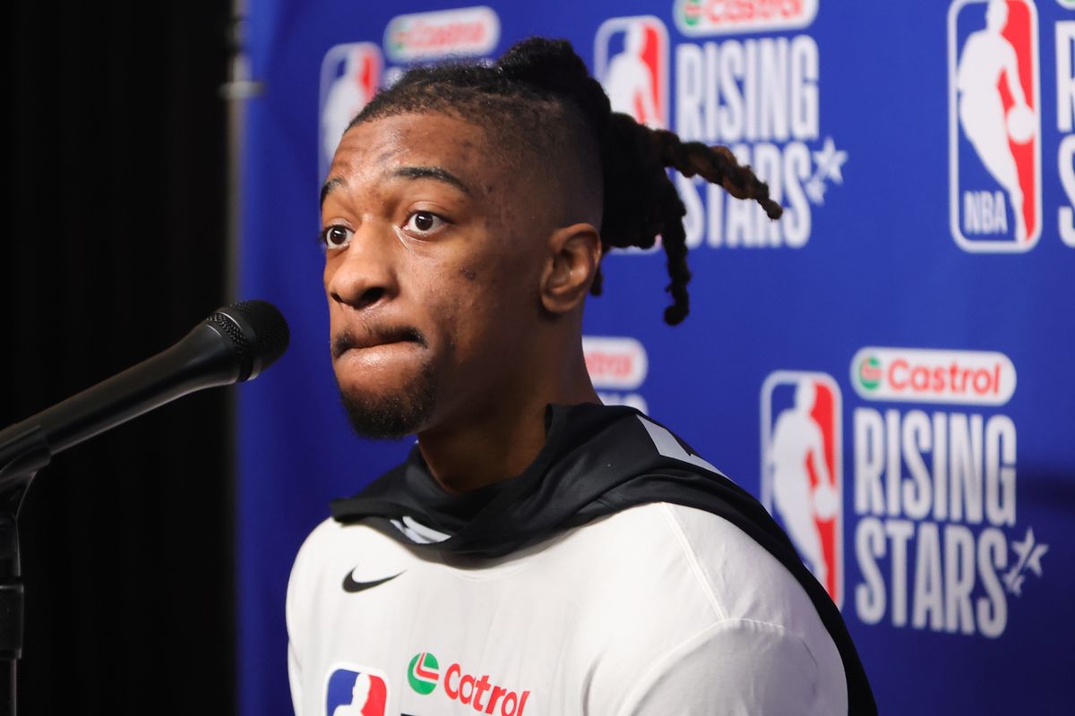 South Bay Lakers forward Sean East II (55) talks to reporters during NBA Rising Stars Media Day on February 13, 2026 in Inglewood, CA.