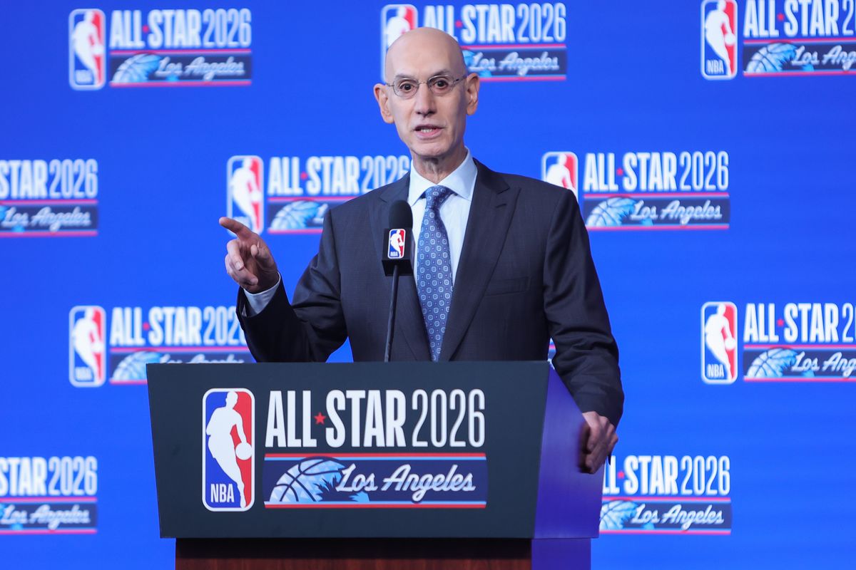 NBA Commissioner Adam Silver talks to the press during media availability at NBA All Star Media Day on February 14, 2026 in Inglewood, CA.