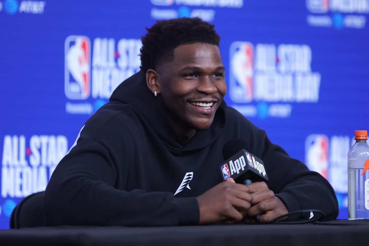 Minnesota Timberwolves guard Anthony Edwards (5) talks to the press during media availability at NBA All Star Media Day on February 14, 2026 in Inglewood, CA.
