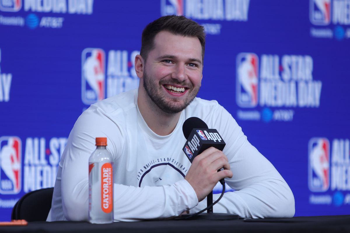 Los Angeles Lakers guard Luka Doncic (77) talks to the press during media availability at NBA All Star Media Day on February 14, 2026 in Inglewood, CA.
