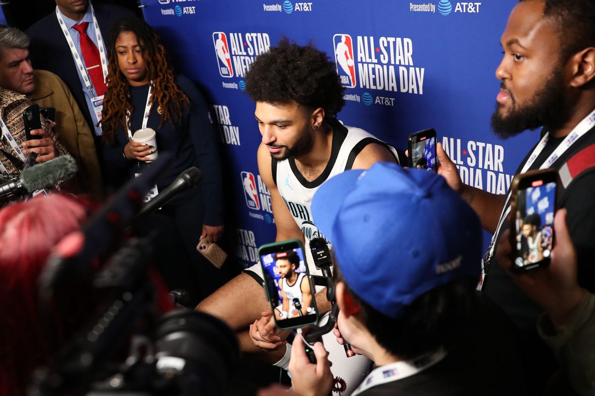 Denver Nuggets guard Jamal Murray (27) talks to the press during media availability at NBA All Star Media Day on February 14, 2026 in Inglewood, CA.