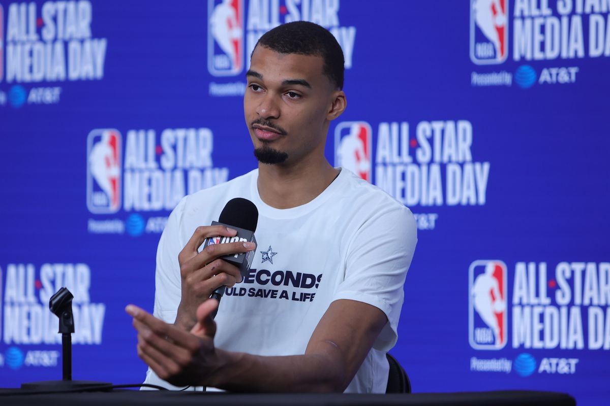 San Antonio Spurs center Victor Wembanyama (1) talks to the press during media availability at NBA All Star Media Day on February 14, 2026 in Inglewood, CA.