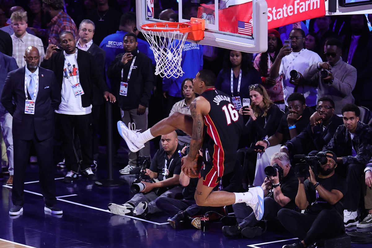 Miami Heat forward Keshad Johnson (16) participates in the slam dunk contest at NBA All Star Saturday on February 14, 2026 in Inglewood, CA.